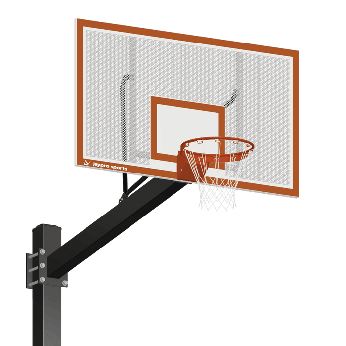 Jaypro Basketball System - Titan (Powder Coated) Black (6 in. x 6 in. Pole with 6 ft. Offset) - 72 in. Perforated Steel Backboard - Flex Rim Goal